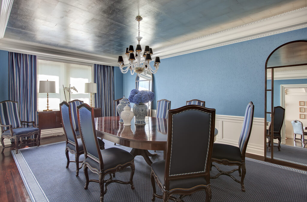 Interior painting project in Pound Ridge NY with blue dining room walls and formal detail