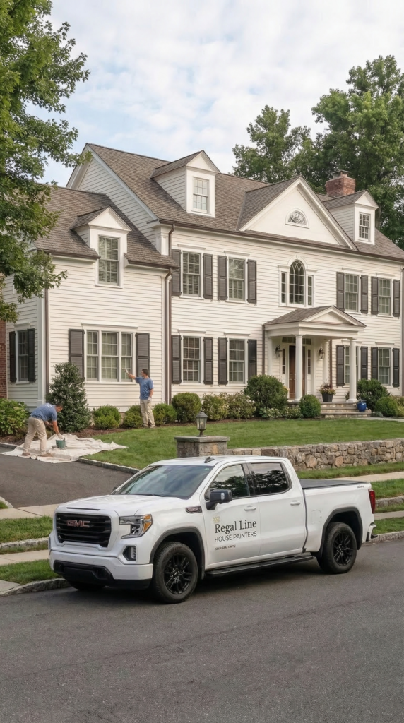 Close mobile view of Regal Line truck and crew setup outside a Weston home