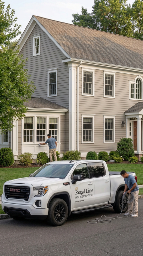Close mobile view of Regal Line truck and crew setup outside a Stamford home
