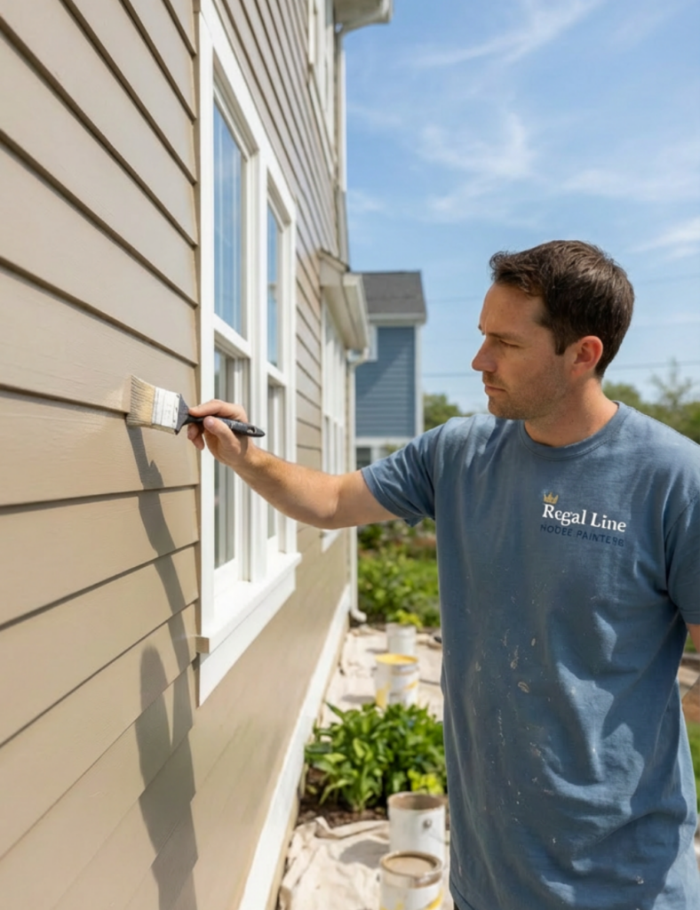 Painter applying exterior coating to horizontal house siding