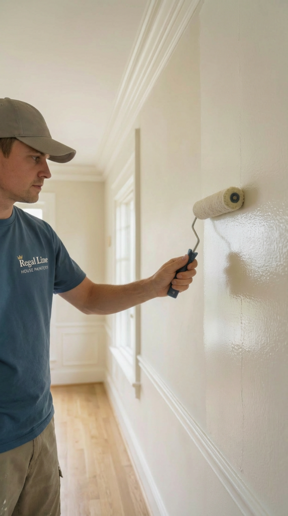 Interior painter applying finish coat inside a Fairfield County residential room